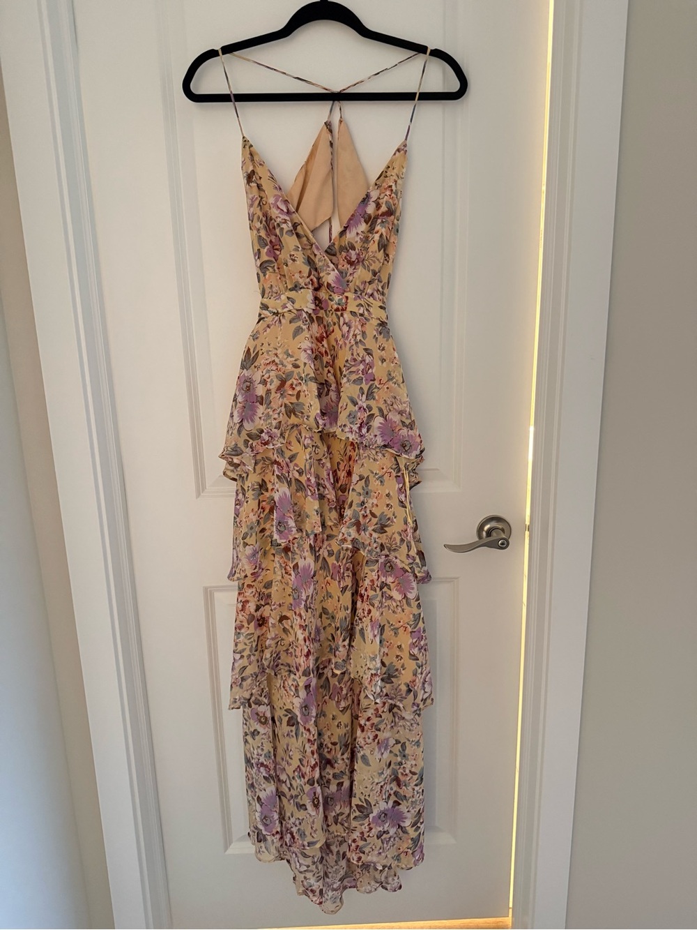 Astr The Label Yellow Floral Tiered Maxi Dress with Purple Blooms